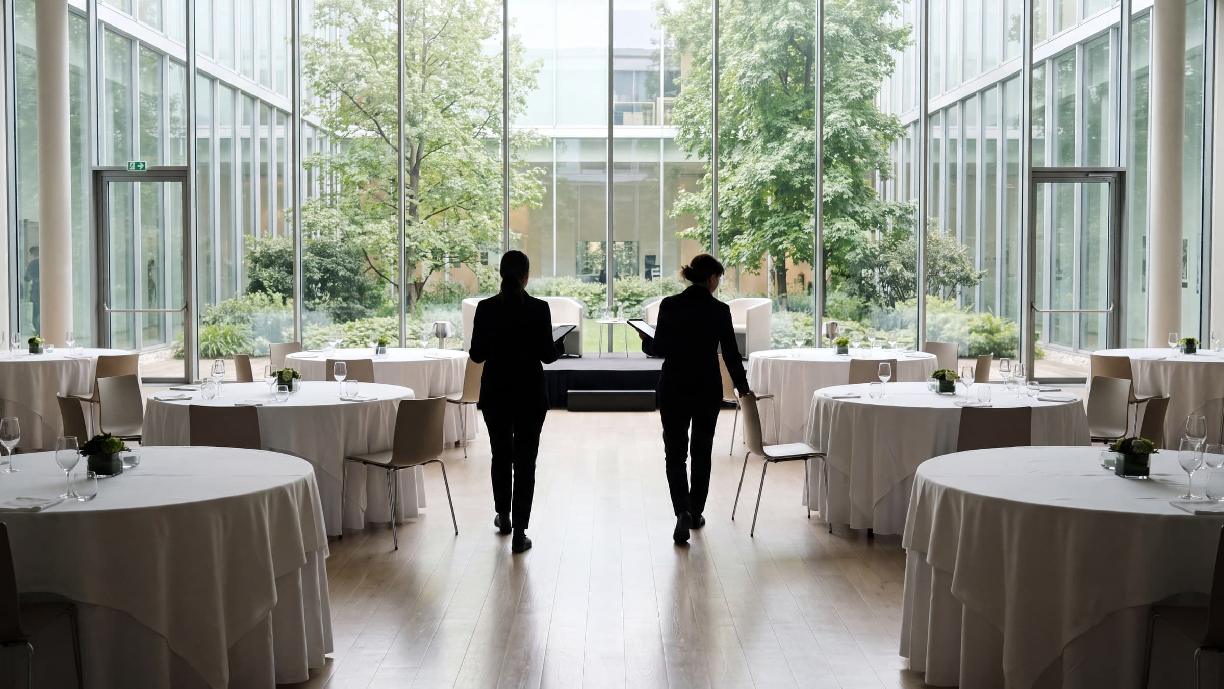 Lo staff controlla la sala prima dell’evento: tavoli rotondi apparecchiati e una vetrata sul giardino.