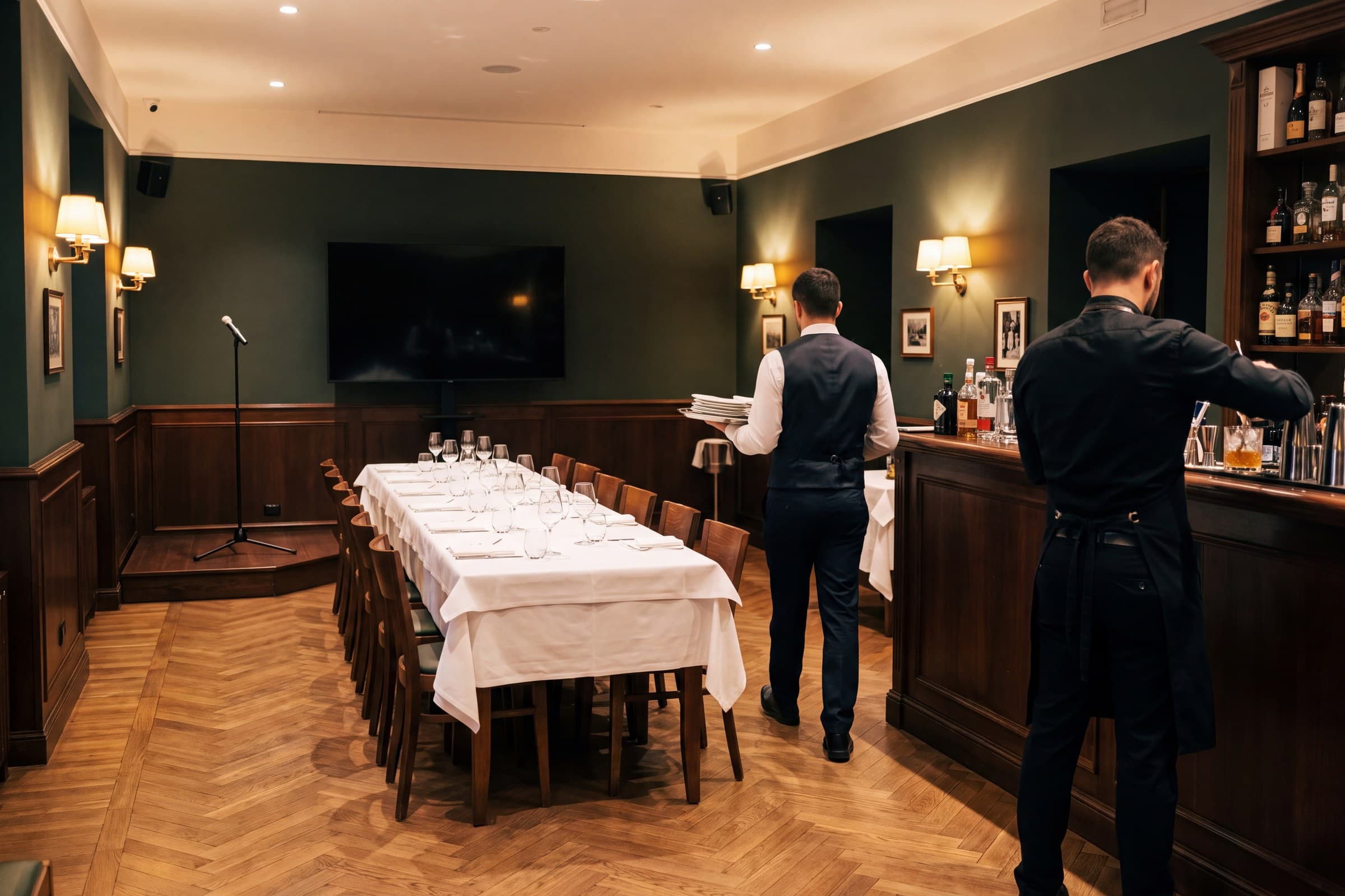 Una sala privata apparecchiata per una cena aziendale, con bancone bar e angolo karaoke.