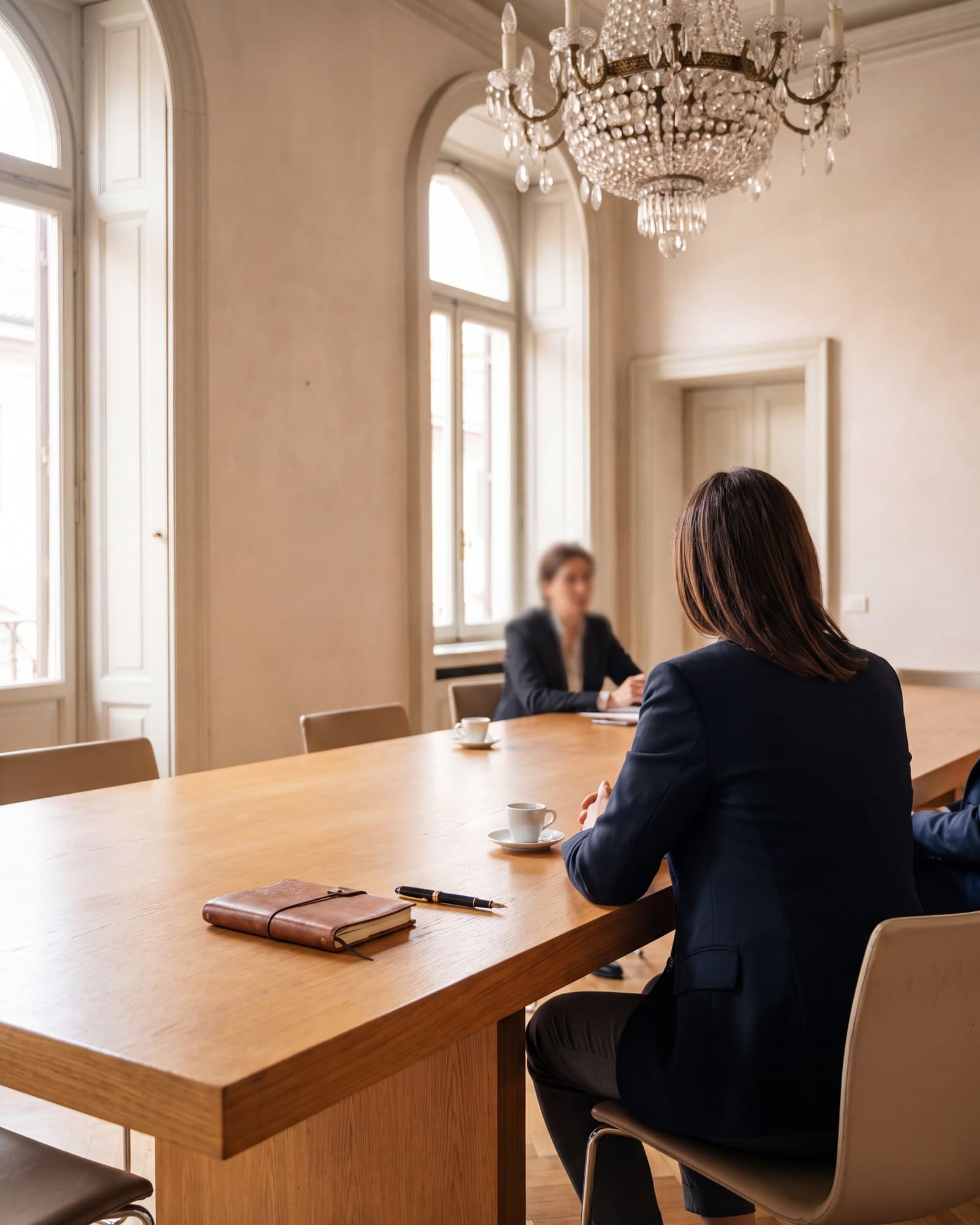 A client meeting in a bright meeting room of a historic palazzo.