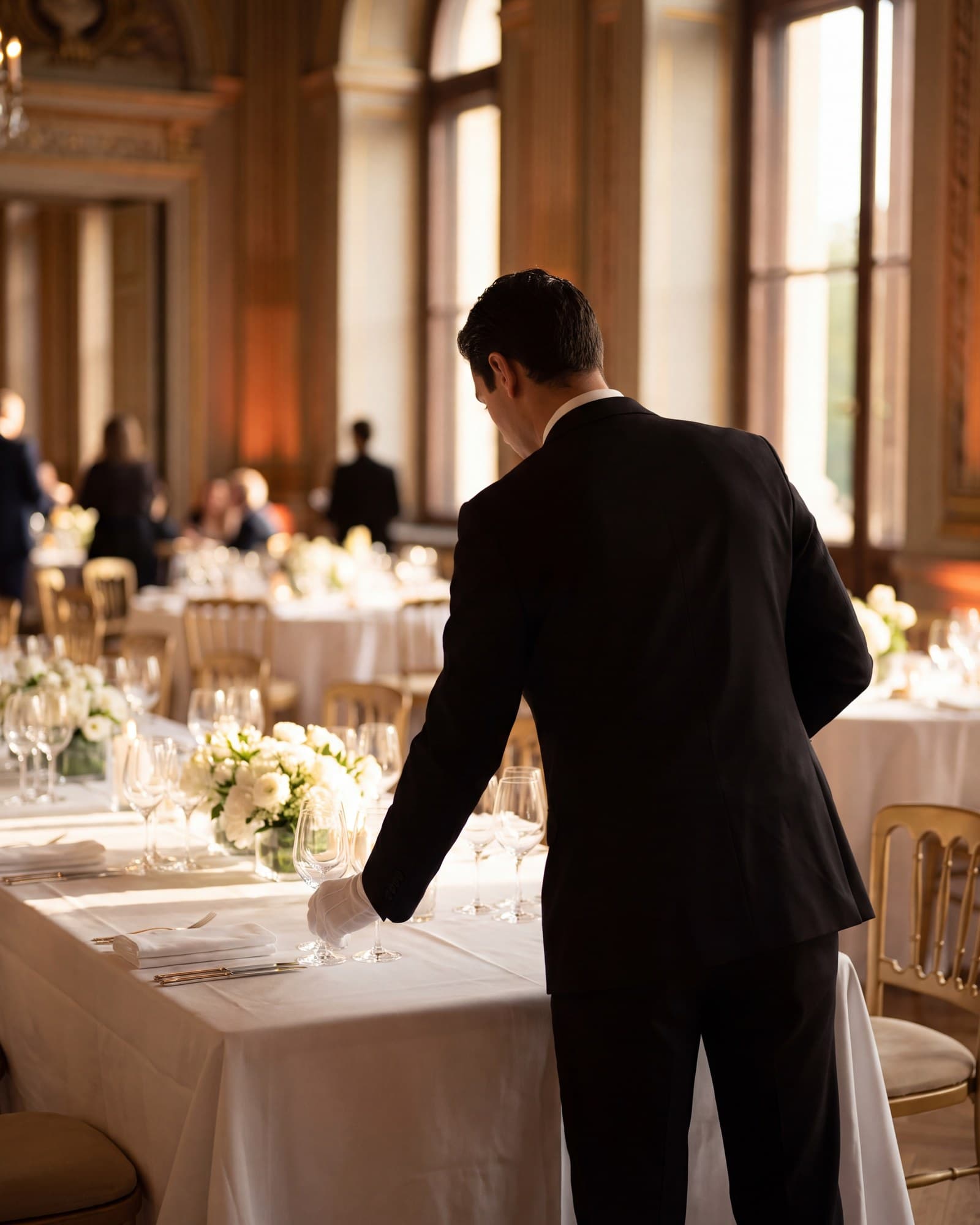 A staff member, seen from behind, finishing the table setting.