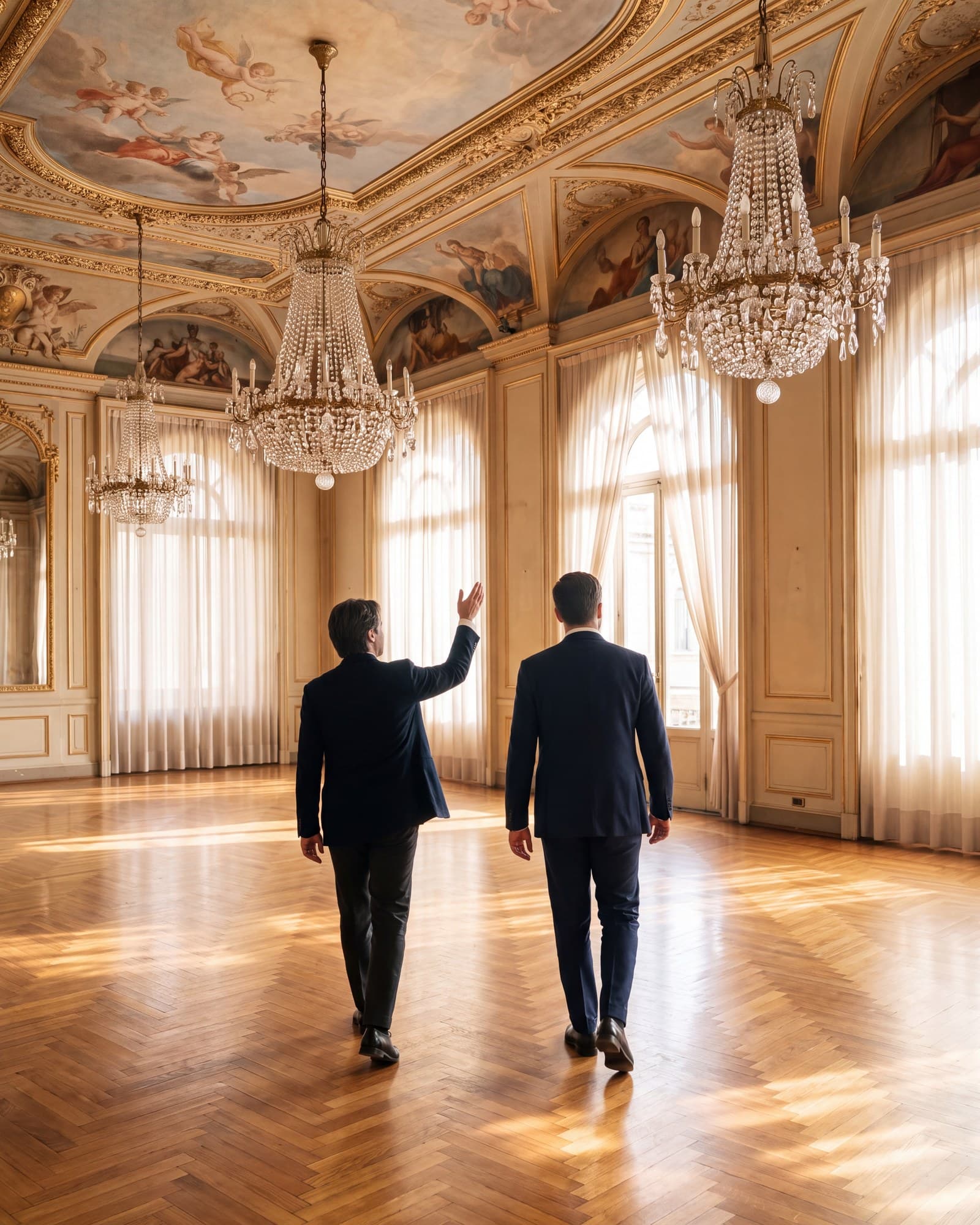 A site visit in a frescoed hall, two people seen from behind.